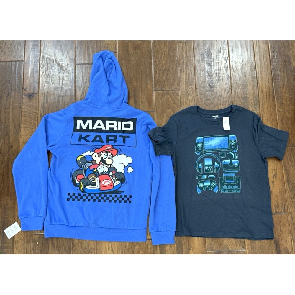 Mario Kart Hoodie Sweatshirt Pullover Gaming T-Shirt Lot 2 Boys XL Nintendo Zip